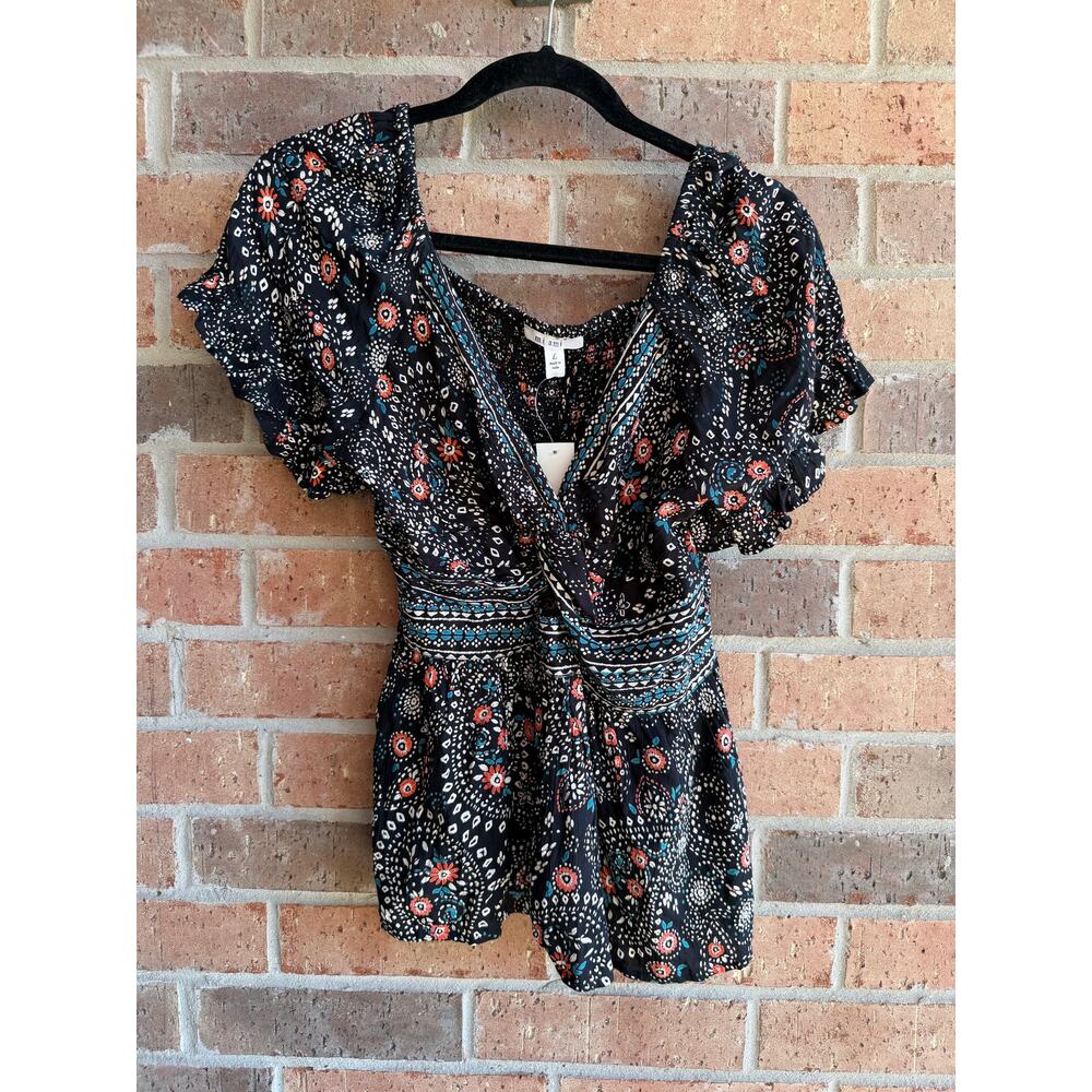 Miami Womens Multicolor Floral Boho Smocked Wrap V-Neck Blouse Tops Sz Large NWT - Picture 1 of 3